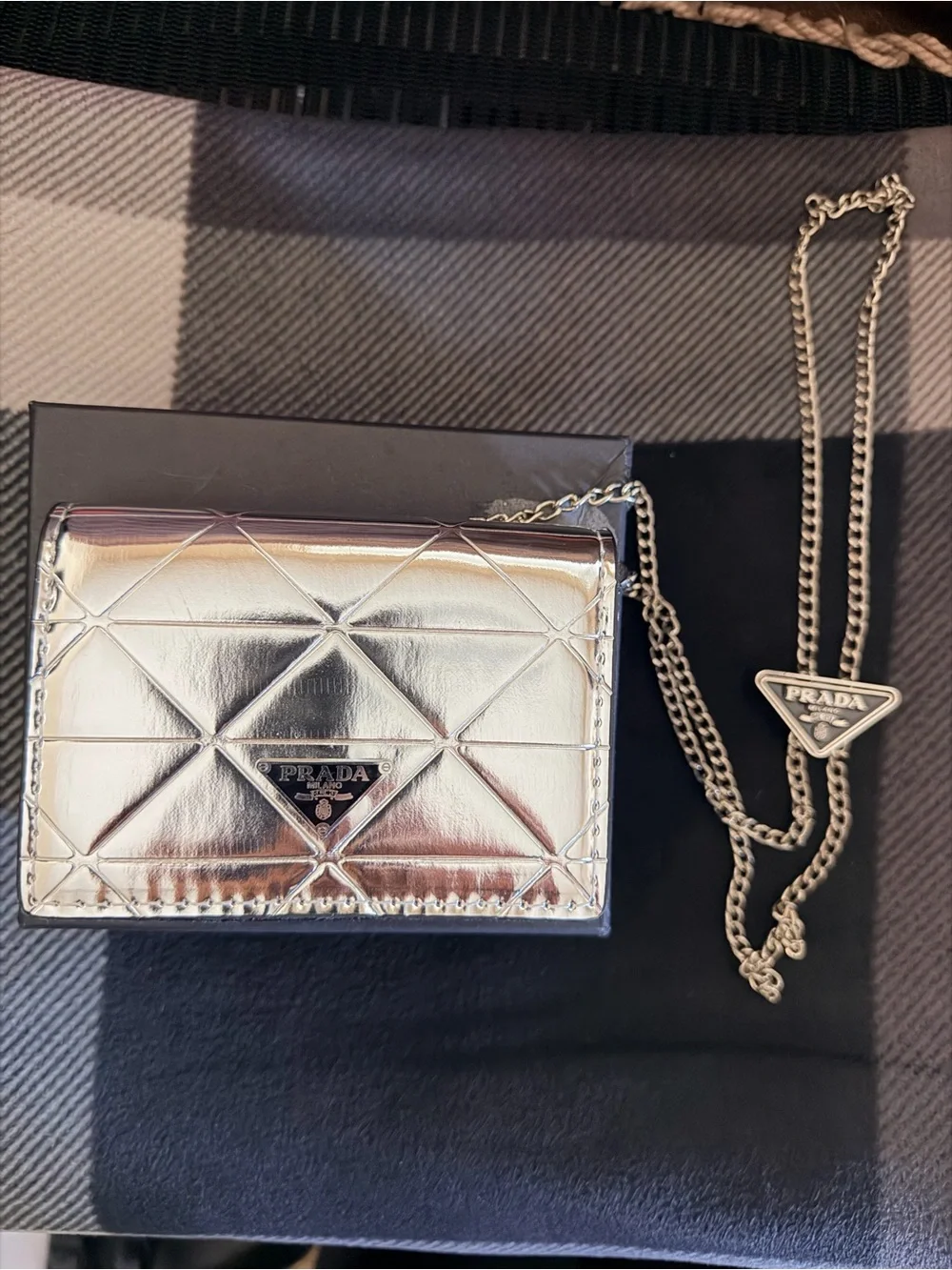 Metallic Silver Quilted Card Holder with Chain Strap